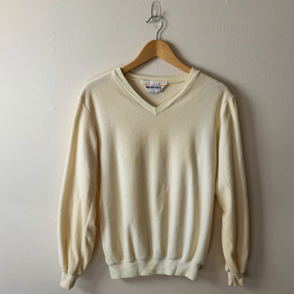 Vintage 80s/90s Mervyn's Butter Yellow V-Neck Terry Cloth Sweater Men’s Size S/M